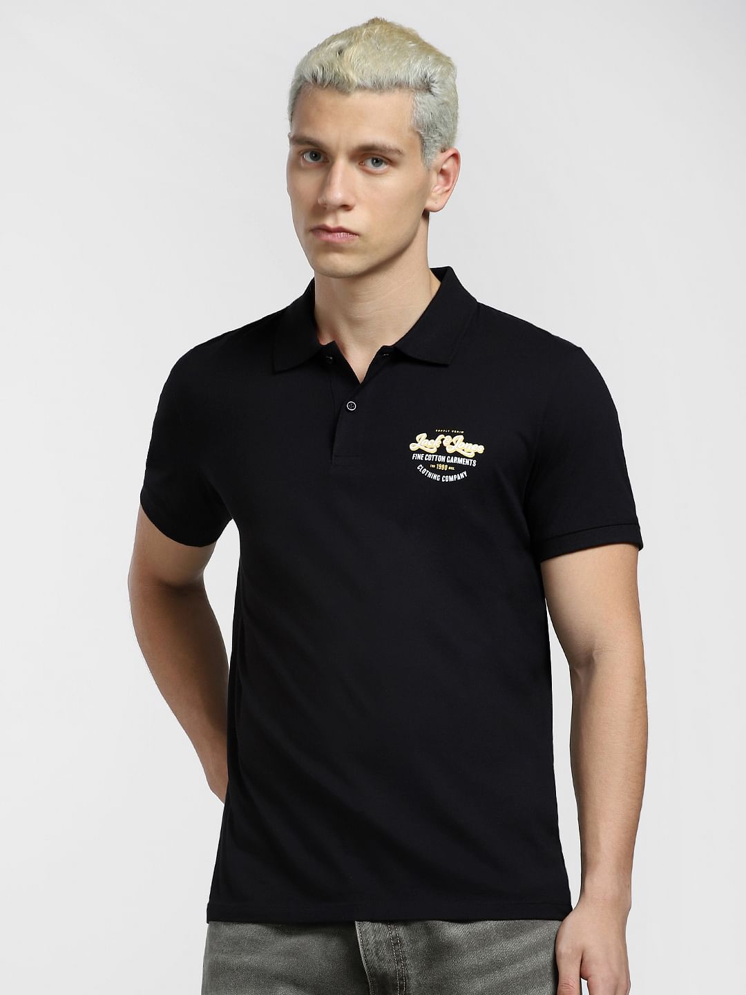 Black Logo Print Polo Neck T-shirt
