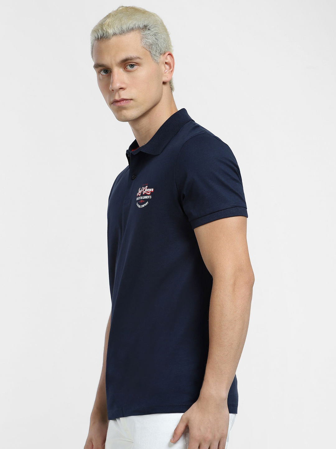 Navy Blue Logo Print Polo Neck T-shirt