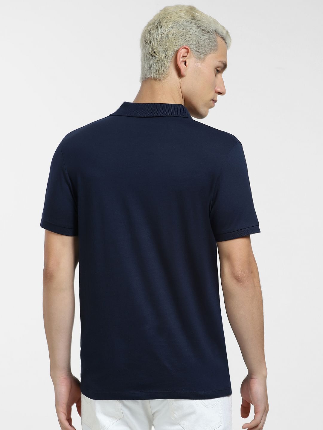Navy Blue Logo Print Polo Neck T-shirt