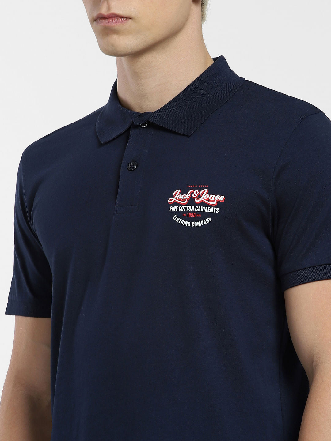 Navy Blue Logo Print Polo Neck T-shirt