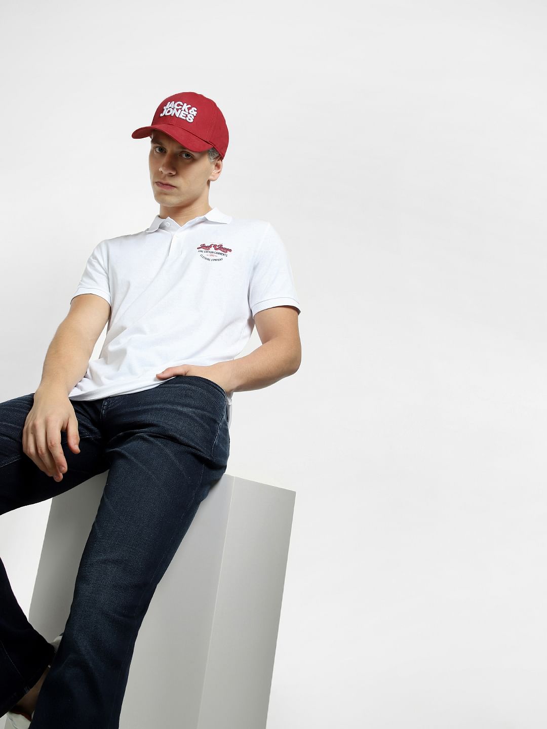 White Logo Print Polo Neck T-shirt