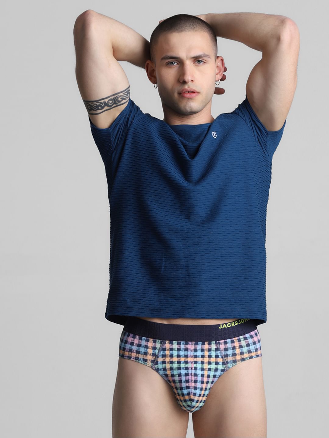 Navy Blue Check Print Briefs