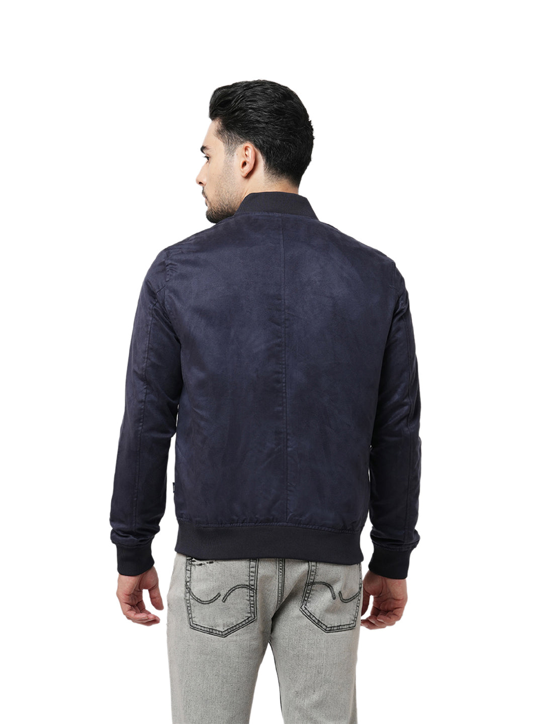 Navy Blue Faux Suede Bomber Jacket