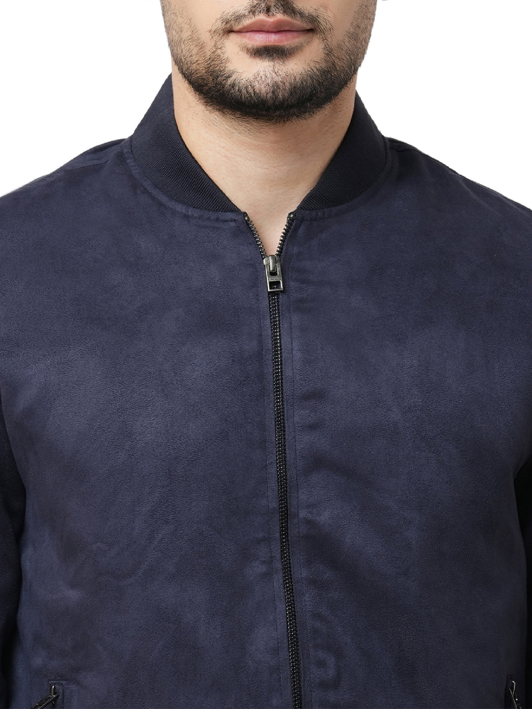 Navy Blue Faux Suede Bomber Jacket