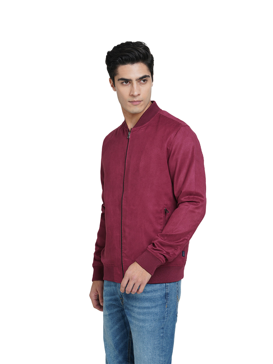 Wine Faux Suede Bomber Jacket