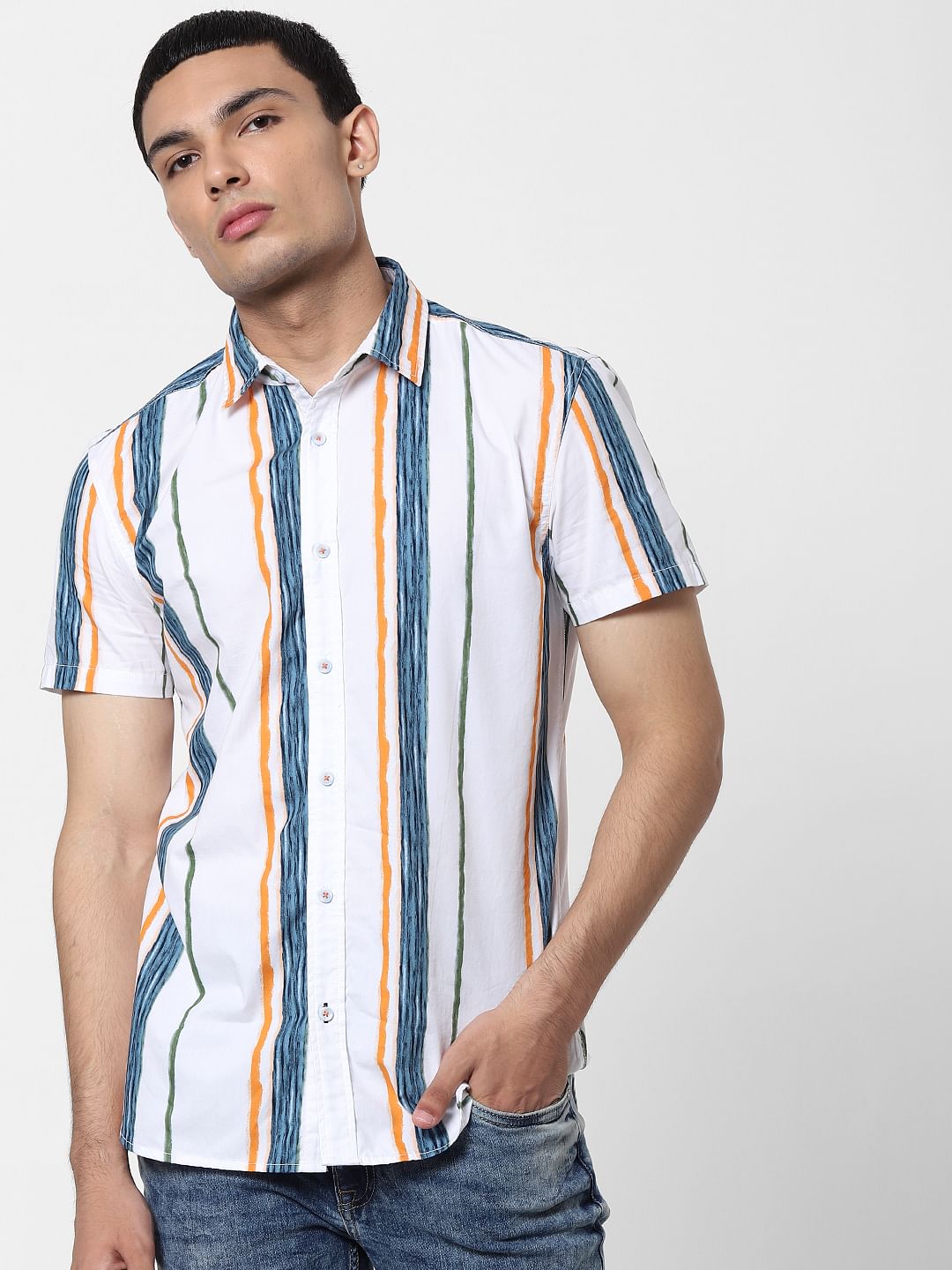 White Striped Short Sleeves Shirt