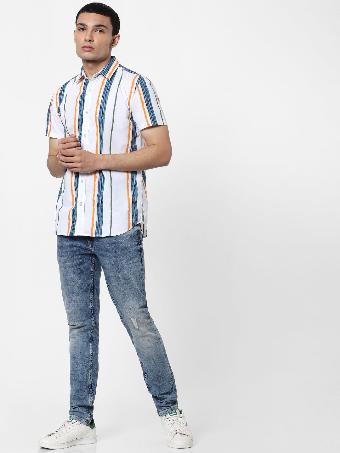 White Striped Short Sleeves Shirt