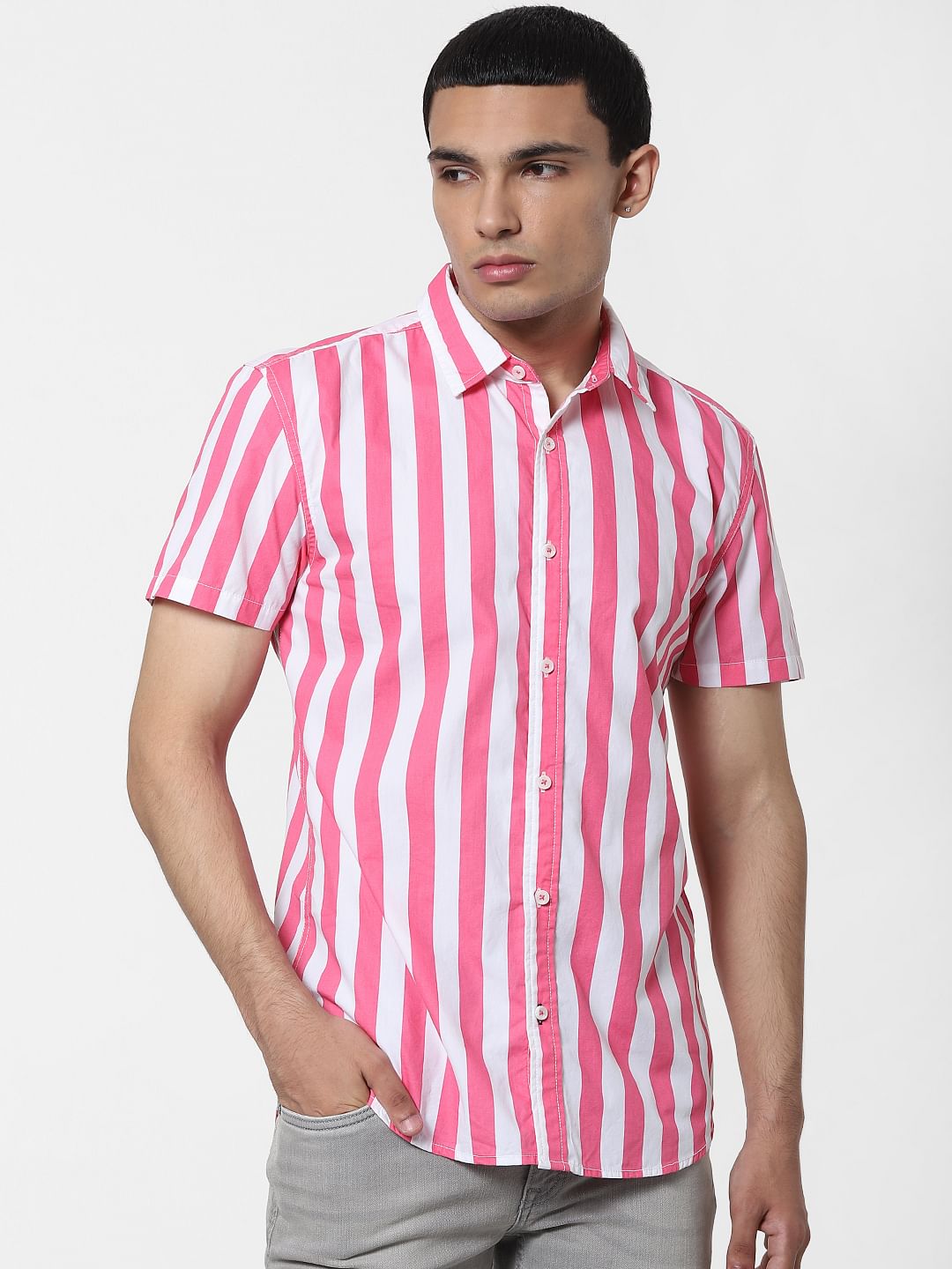 Pink Striped Short Sleeves Shirt