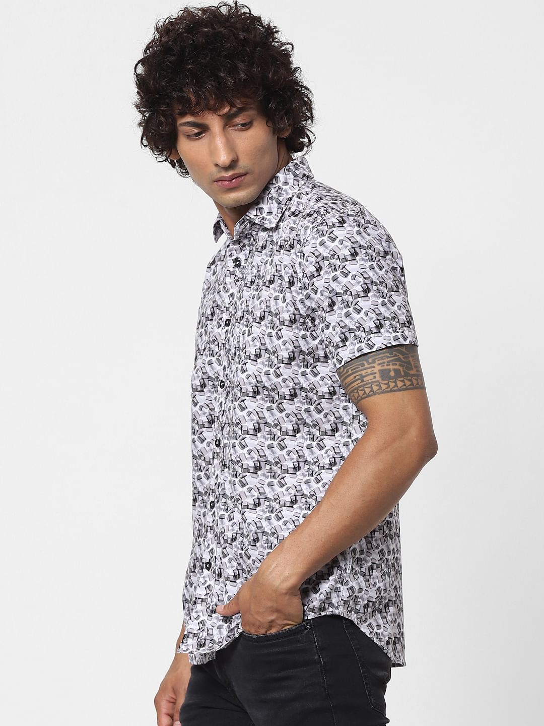 White All Over Print Half Sleeves Shirt