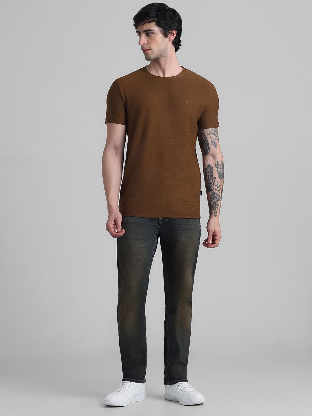 Brown Jacquard Cotton T-shirt