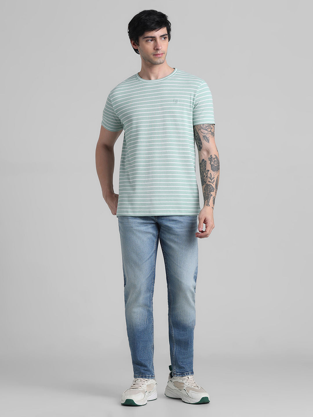 Green Striped Crew Neck T-shirt
