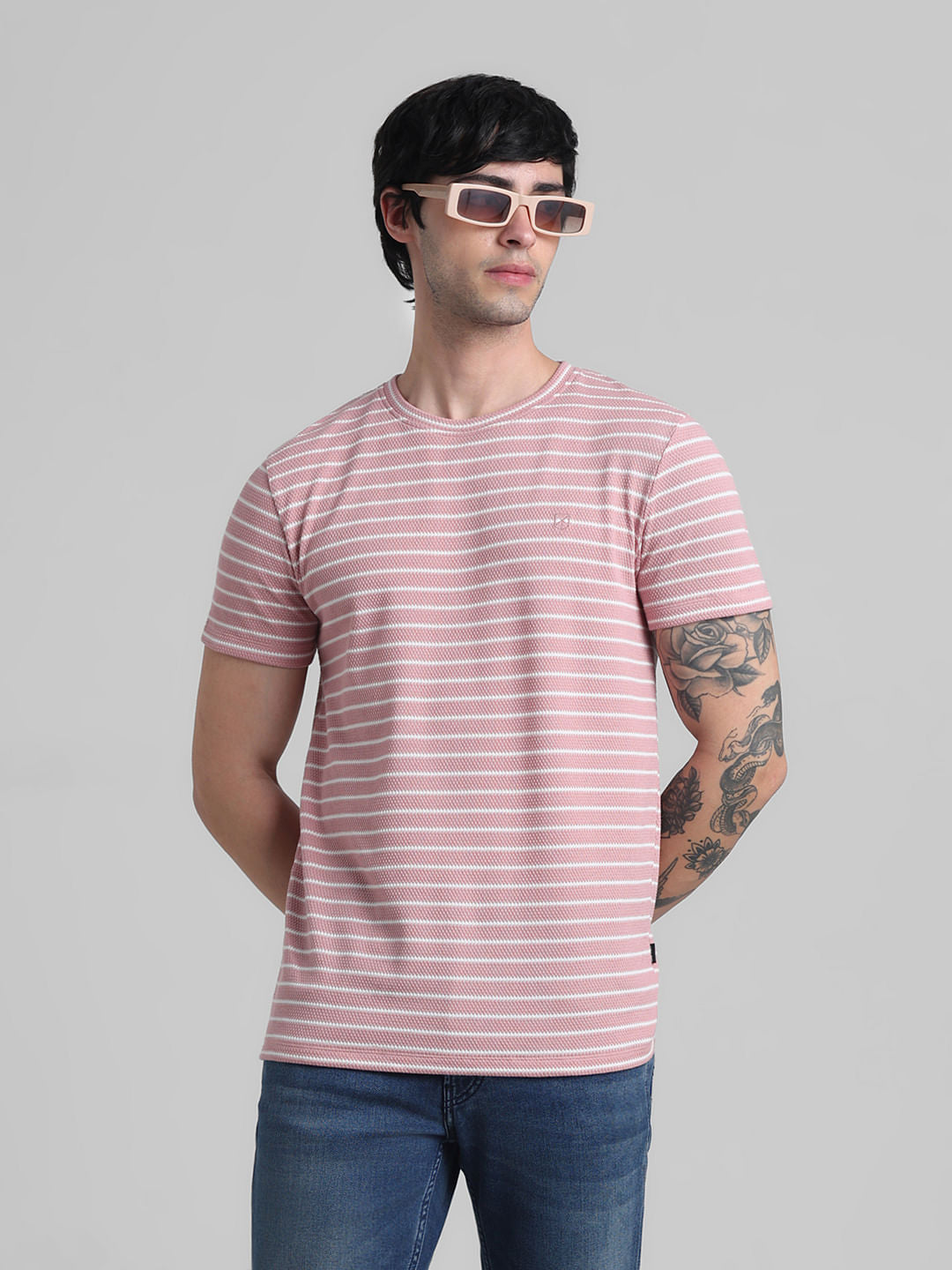 Pink Striped Crew Neck T-shirt