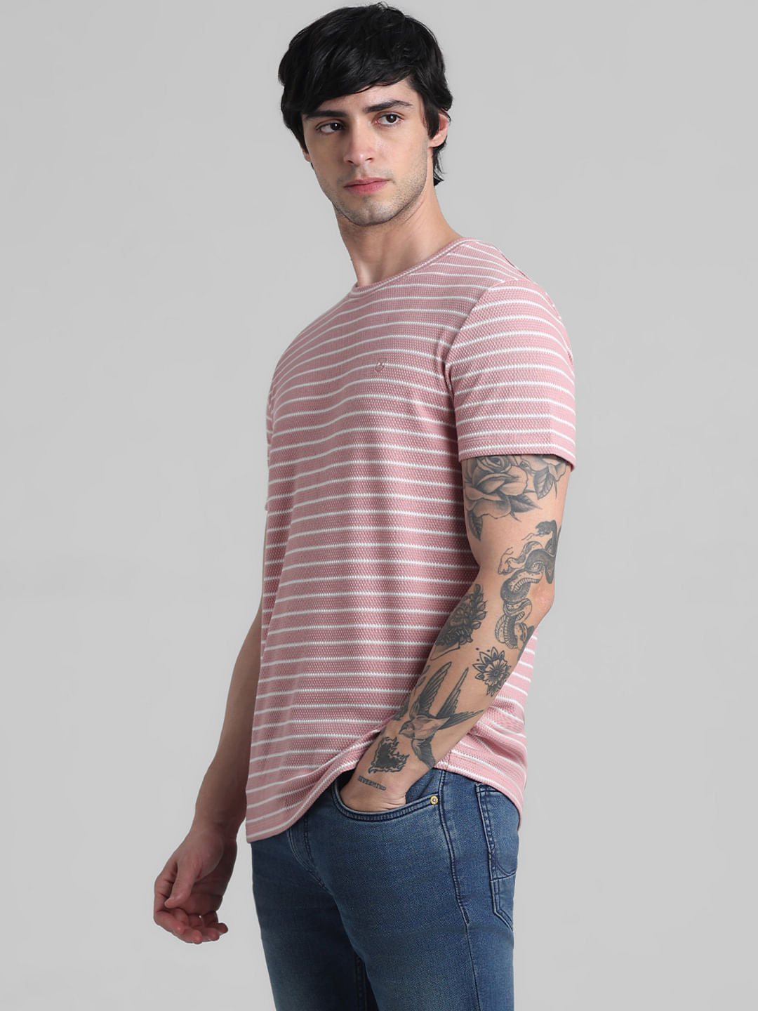 Pink Striped Crew Neck T-shirt
