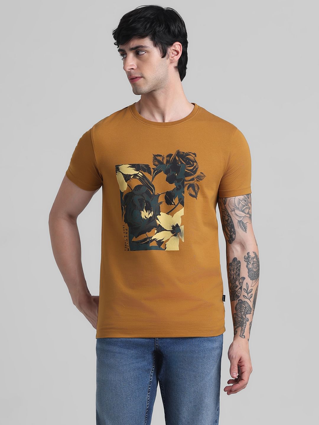 Golden Brown Floral Print T-shirt