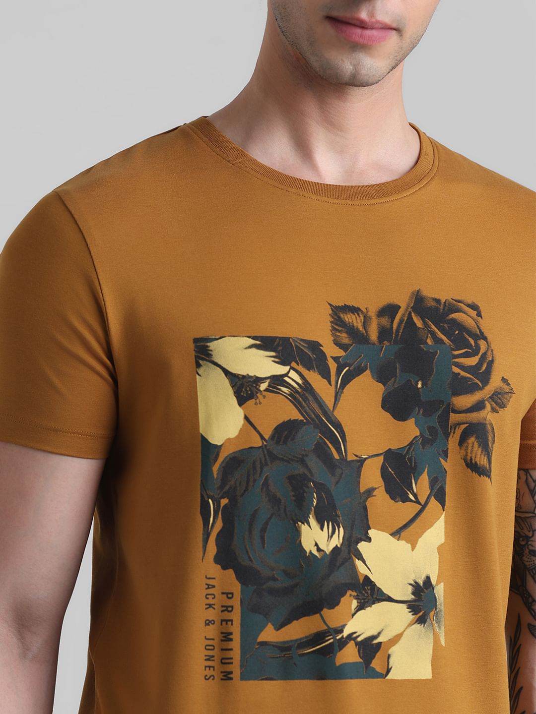 Golden Brown Floral Print T-shirt