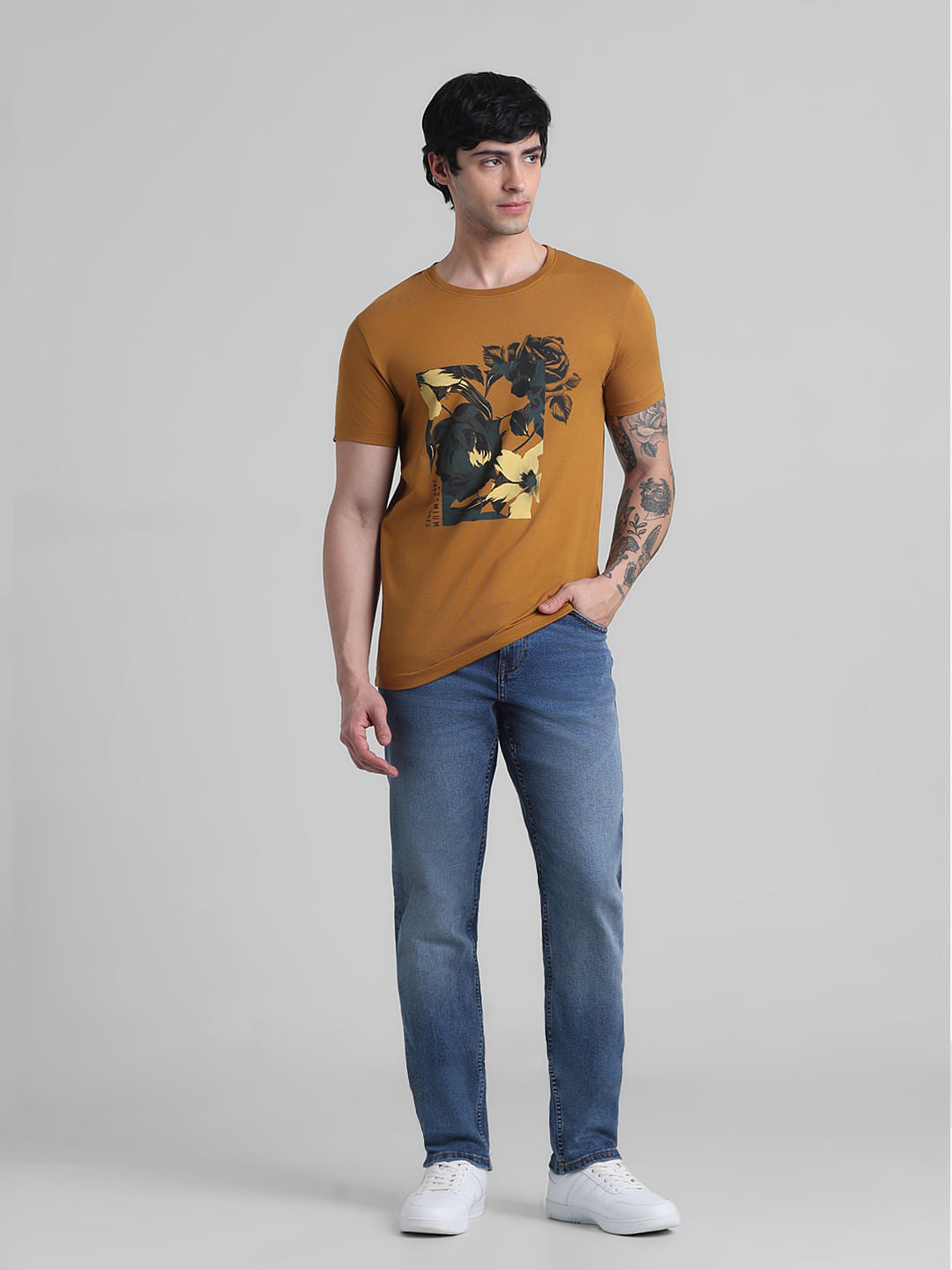 Golden Brown Floral Print T-shirt
