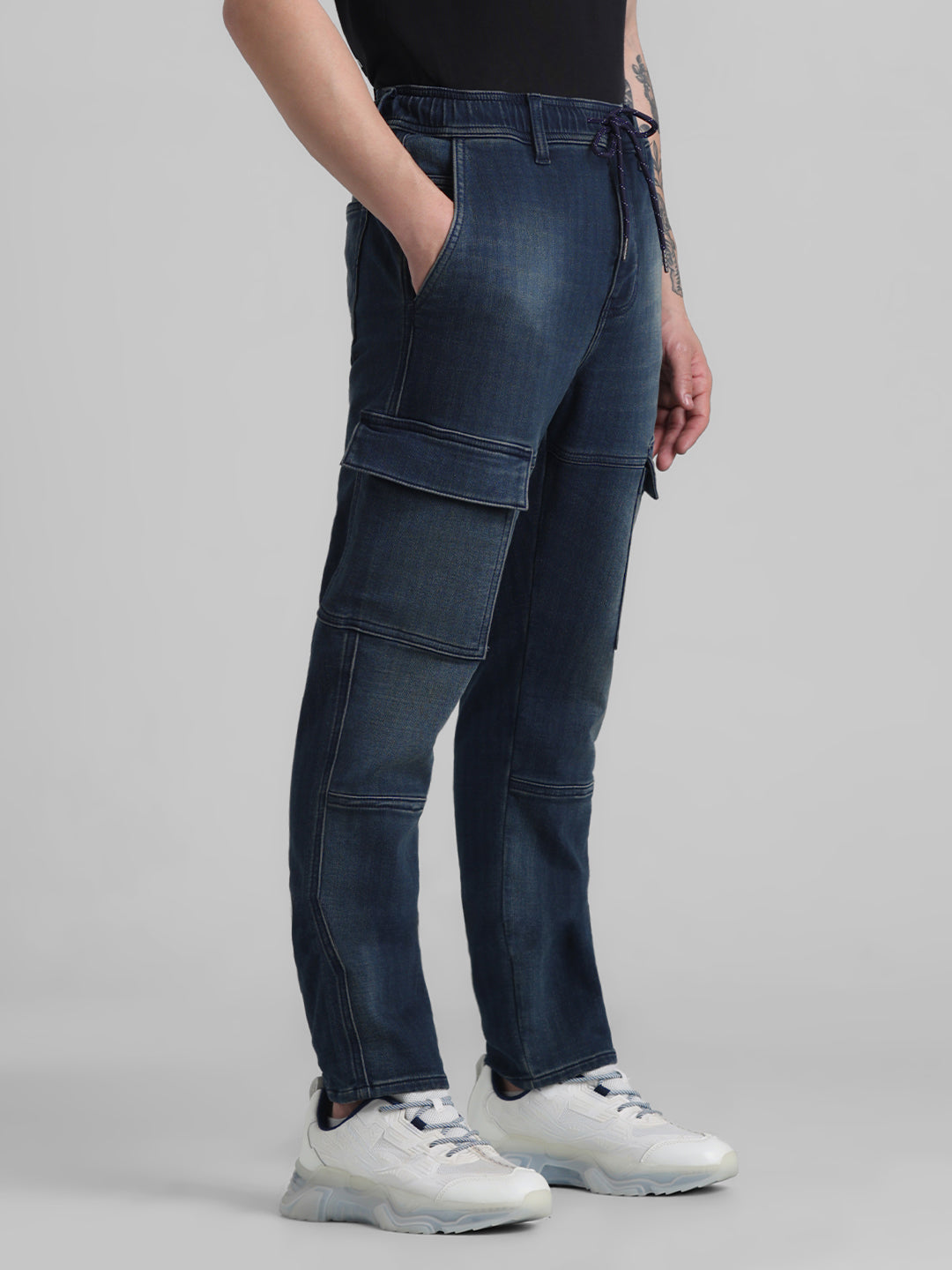 Men's Slim Fit Cargo Denim Joggers In Dark Blue