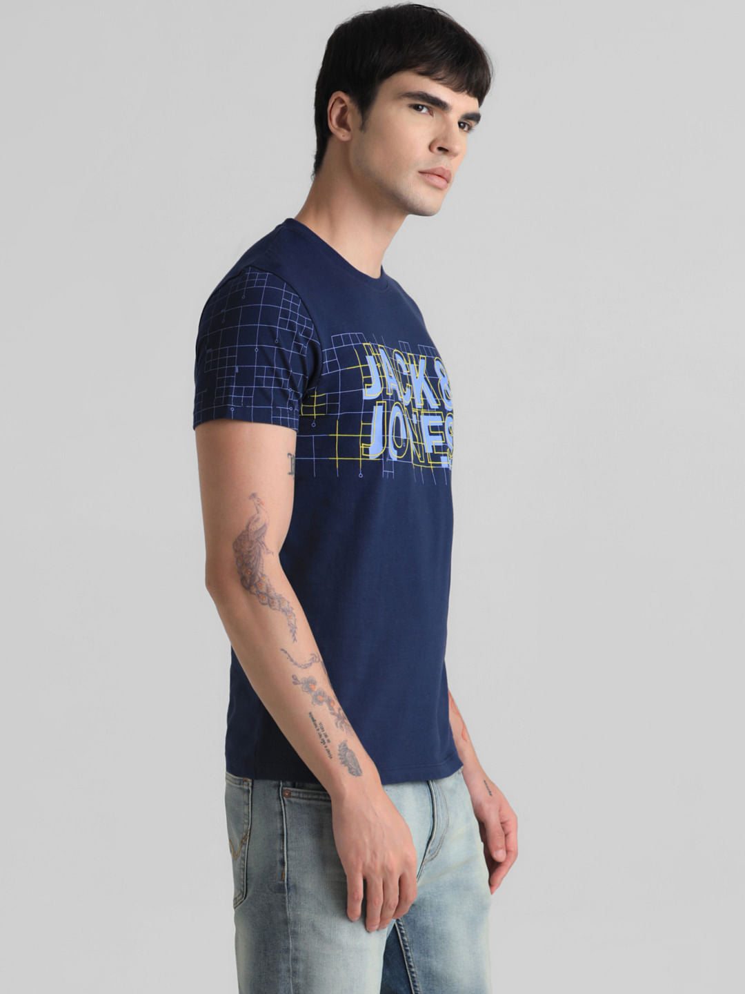 Blue Grid Print Crew Neck T-shirt