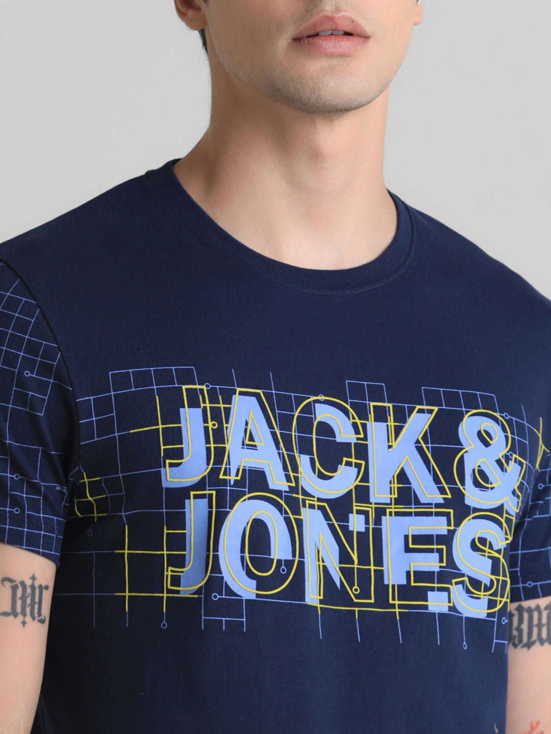 Blue Grid Print Crew Neck T-shirt