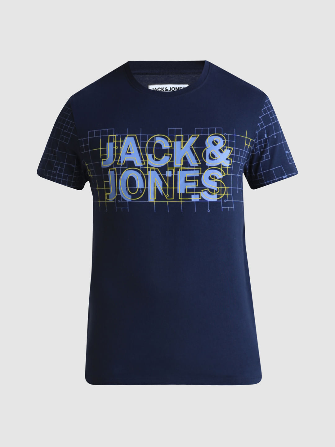 Blue Grid Print Crew Neck T-shirt