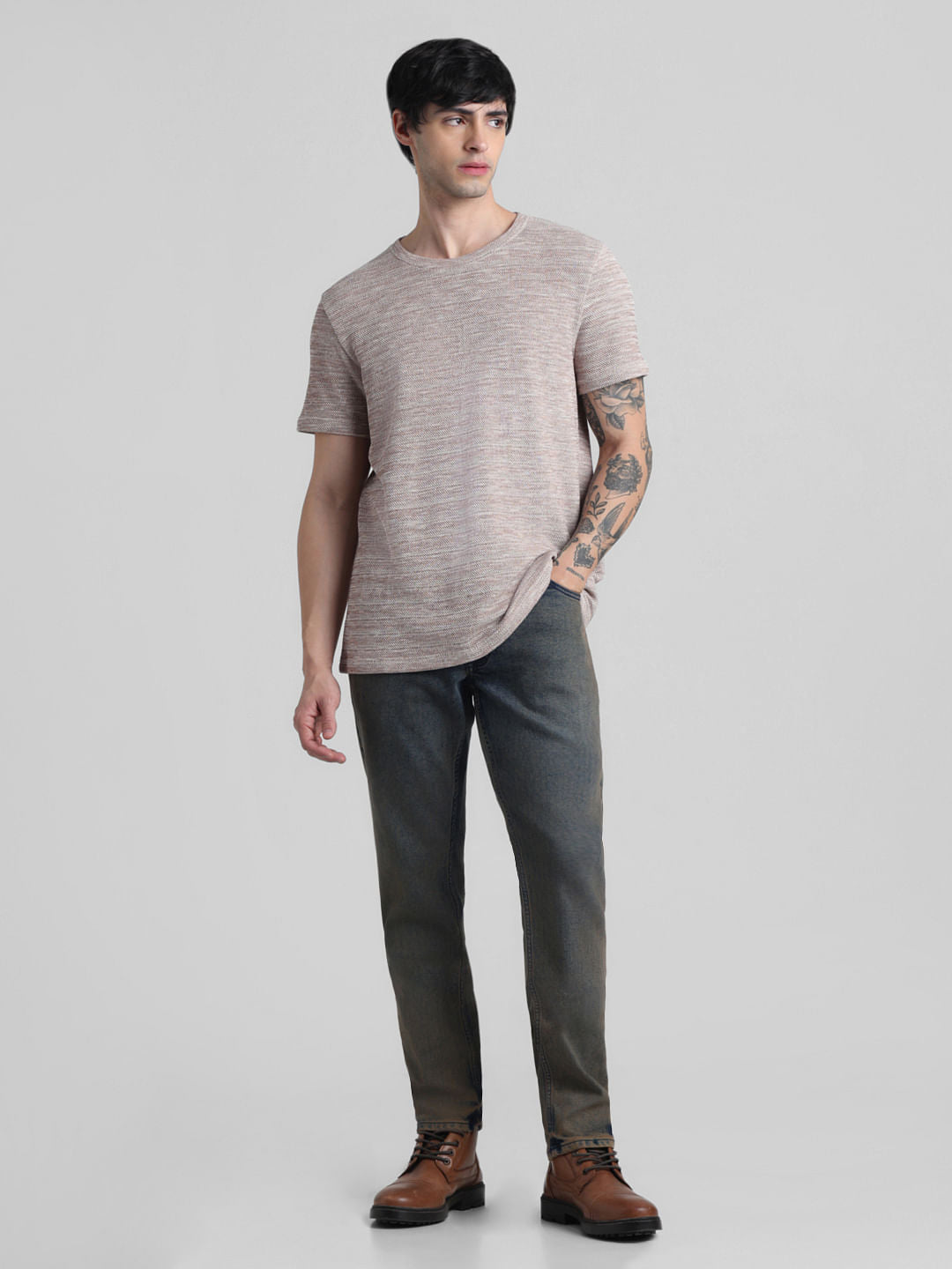 Beige Knitted Crew Neck T-shirt