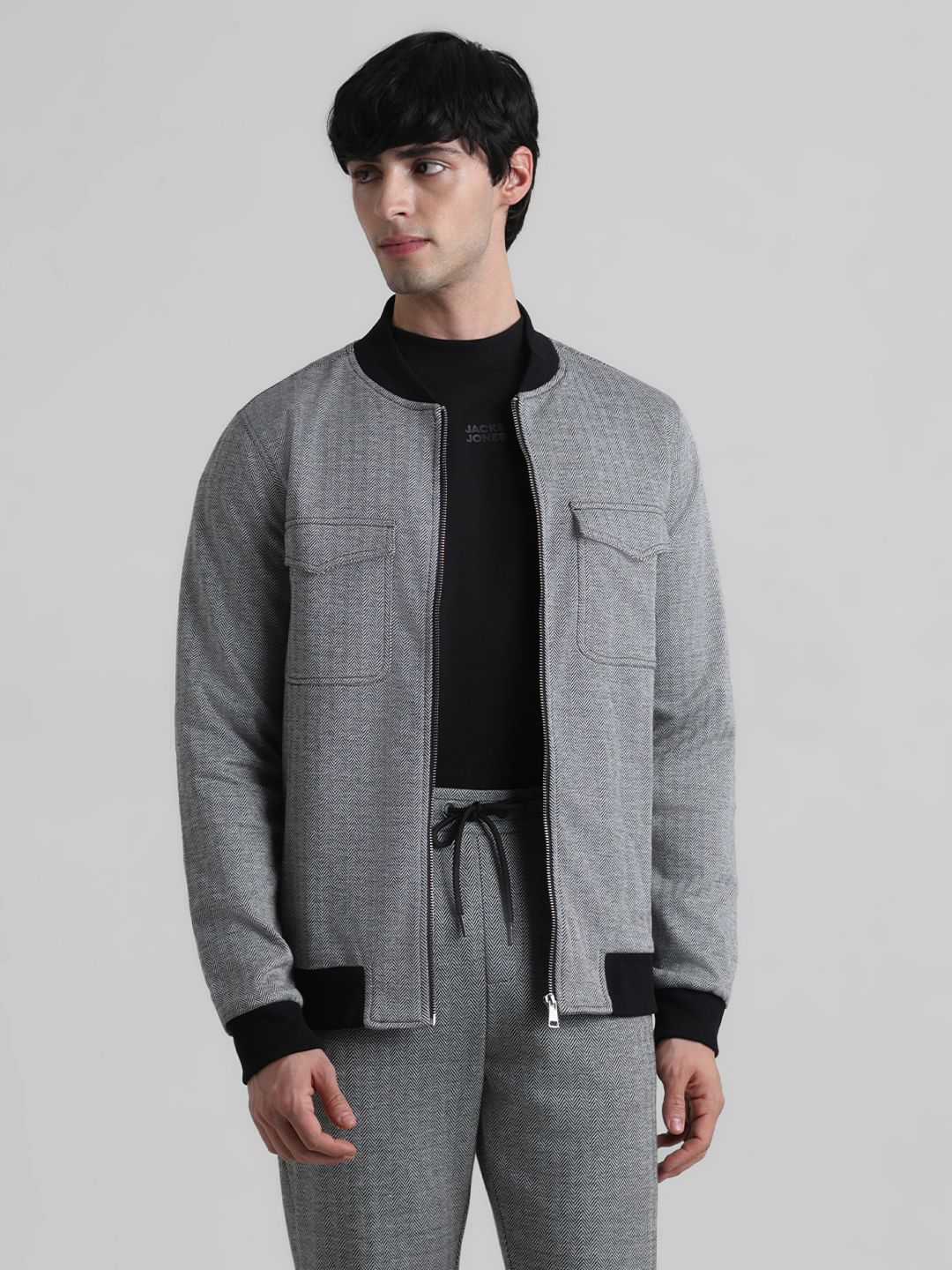 Grey Printed Knit Co-ord Set Jacket