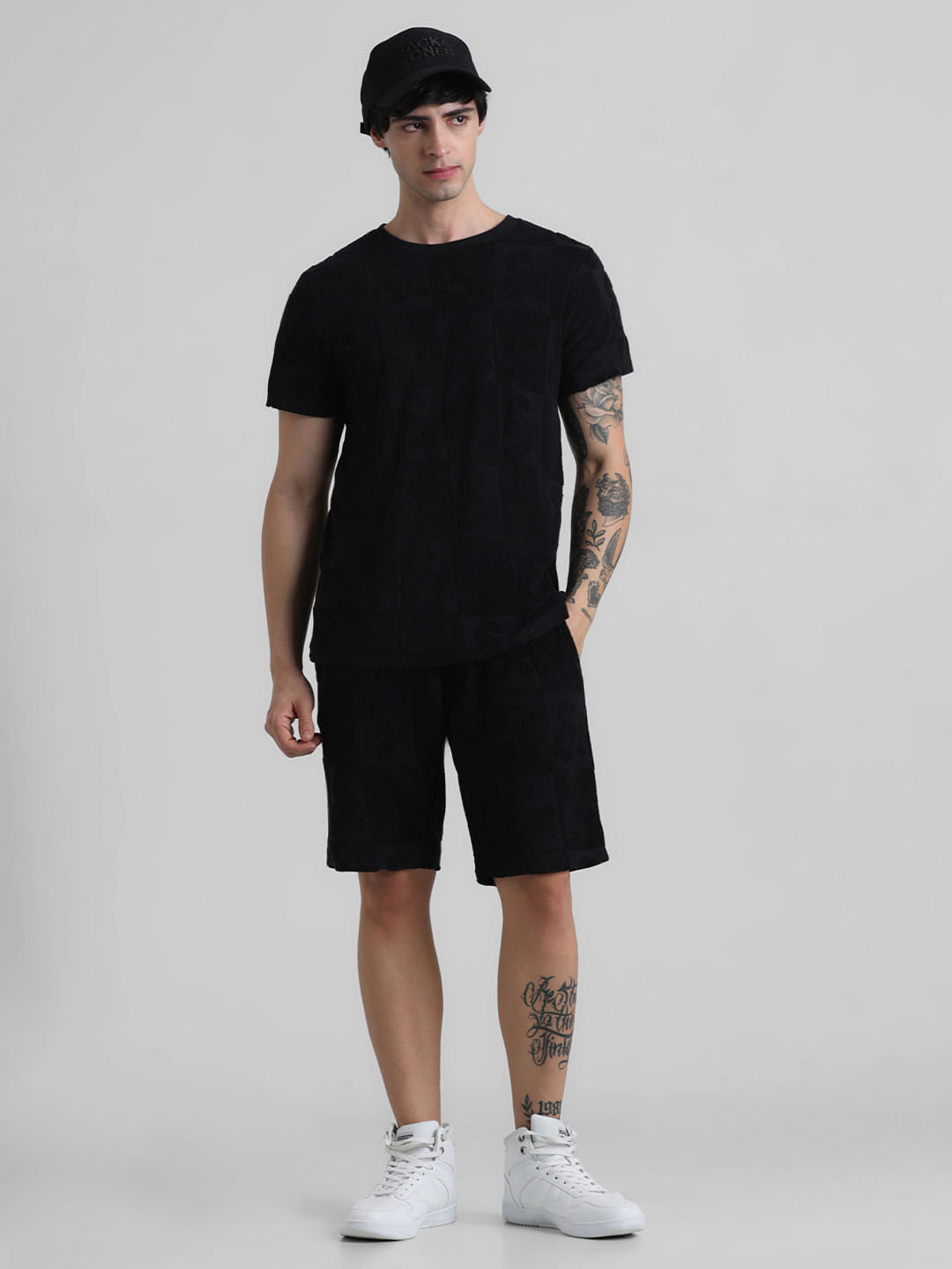 Black Mid Rise Jacquard Bermuda Shorts