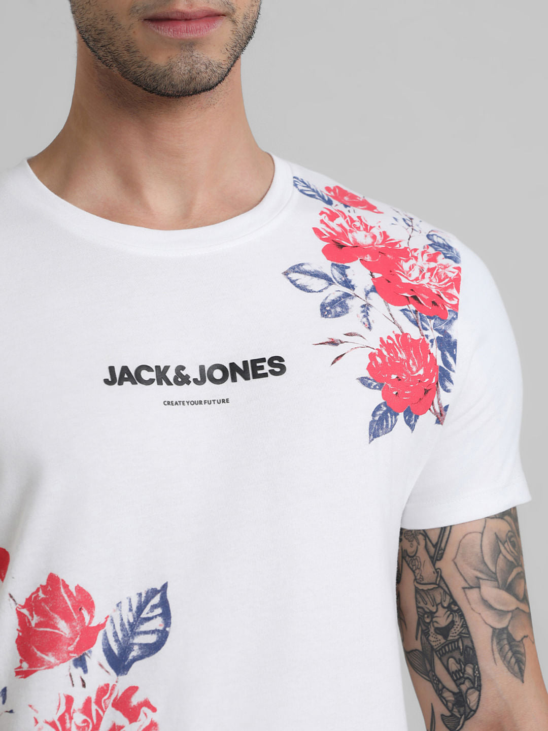 White Logo Print Floral T-shirt