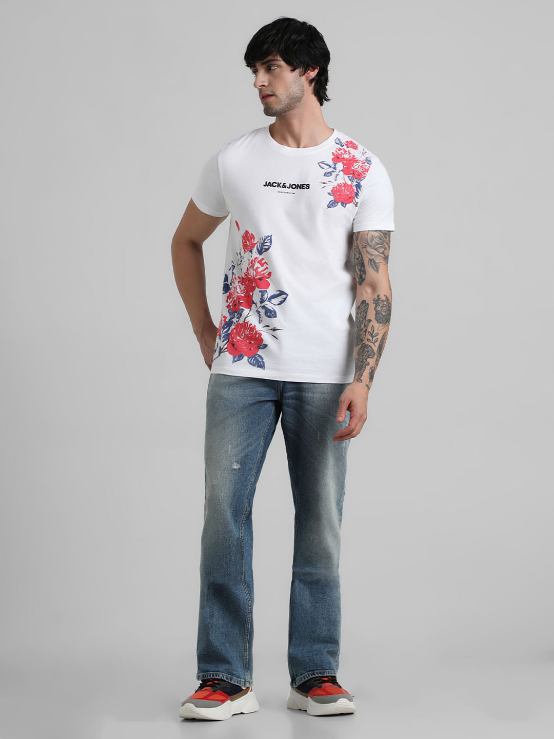 White Logo Print Floral T-shirt