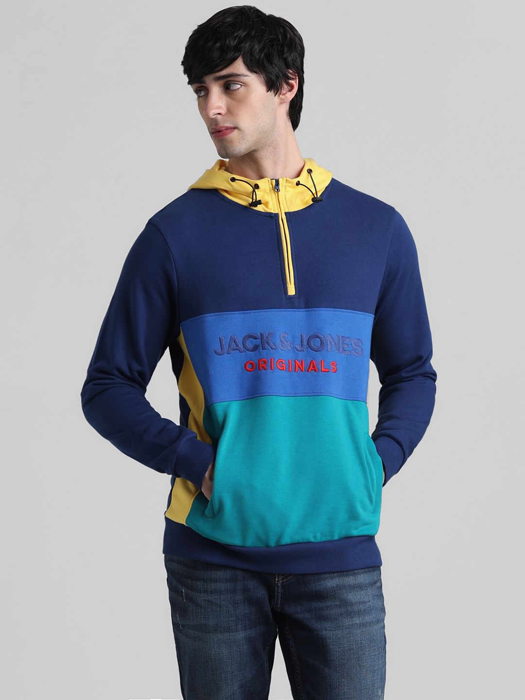 Blue Colourblocked Hooded Sweatshirt