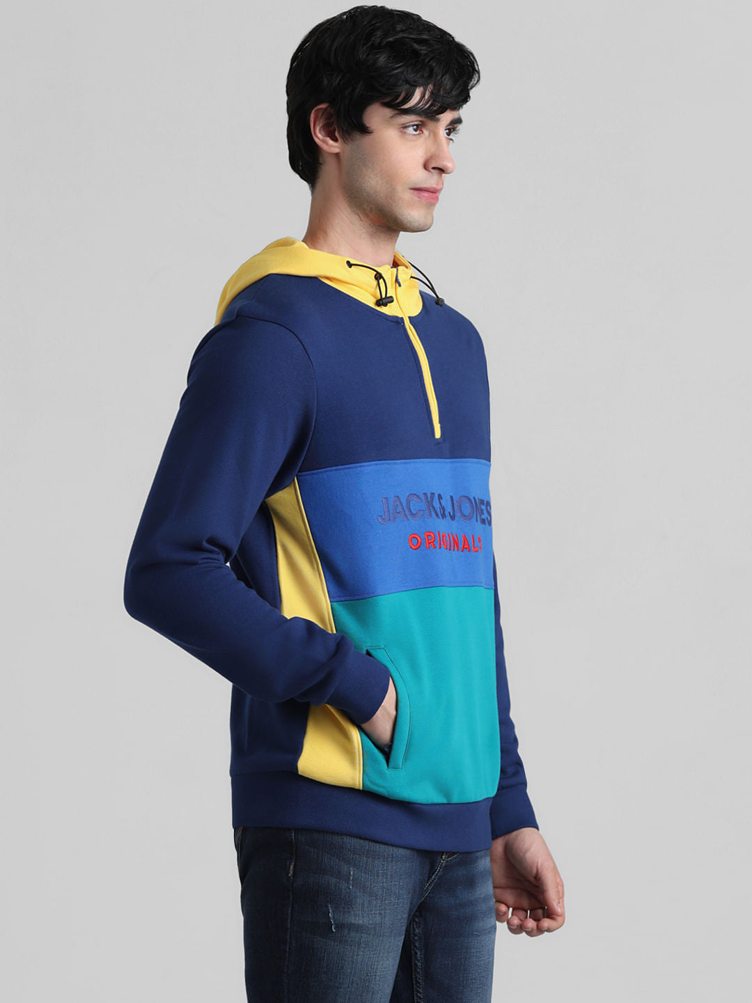 Blue Colourblocked Hooded Sweatshirt