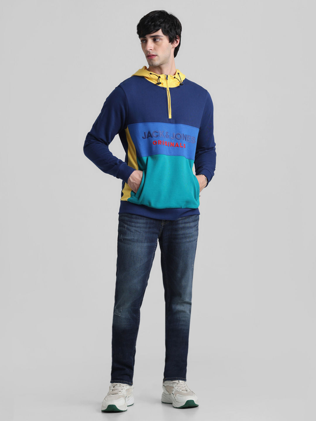 Blue Colourblocked Hooded Sweatshirt