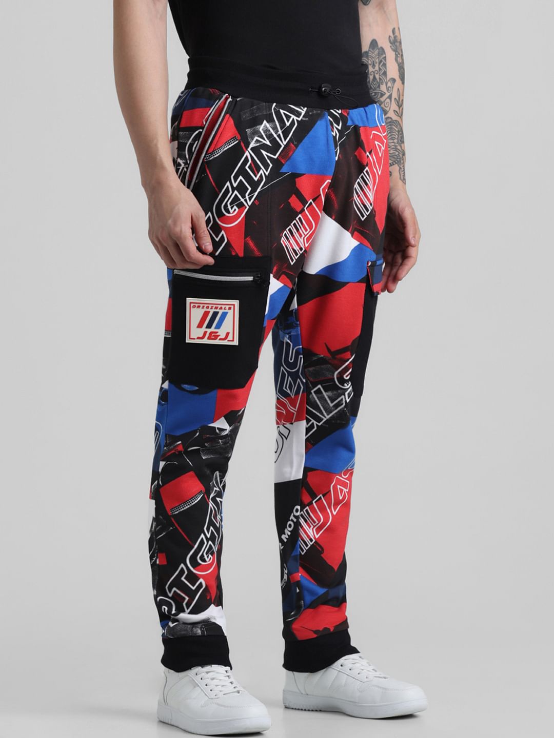 URBAN RACERS by Jack & Jones Black Mid Rise Printed Sweatpants