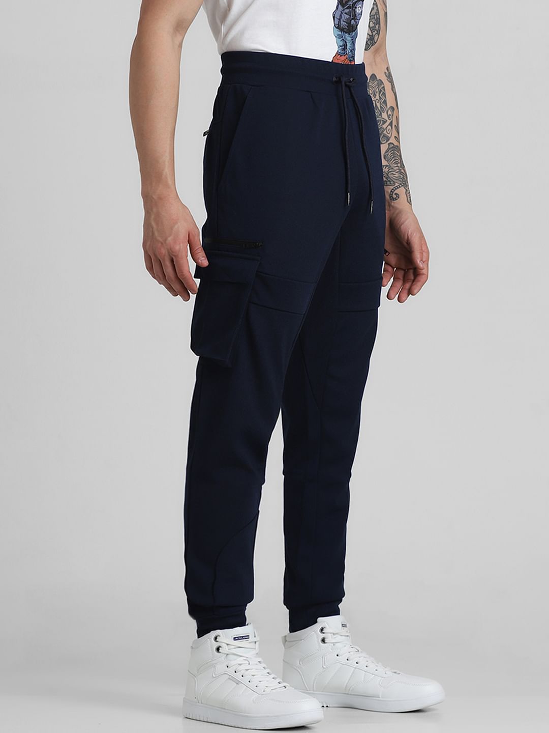 Blue Mid Rise Patch Pocket Sweatpants