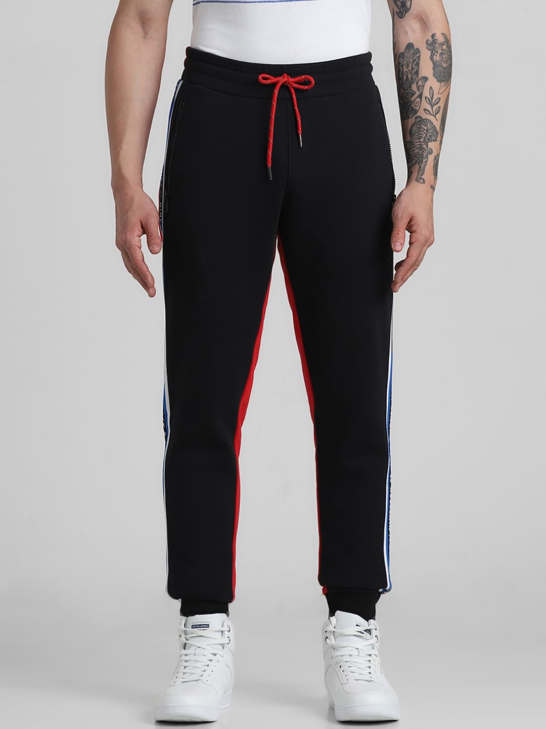 Black & Red Mid Rise Colourblocked Sweatpants