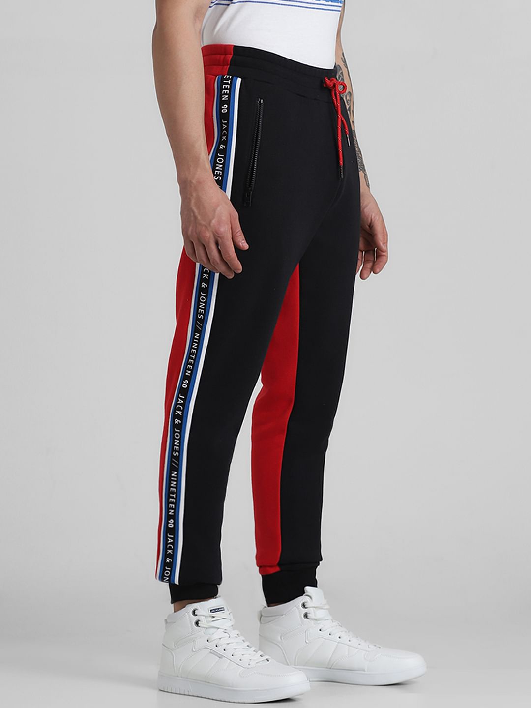 Black & Red Mid Rise Colourblocked Sweatpants