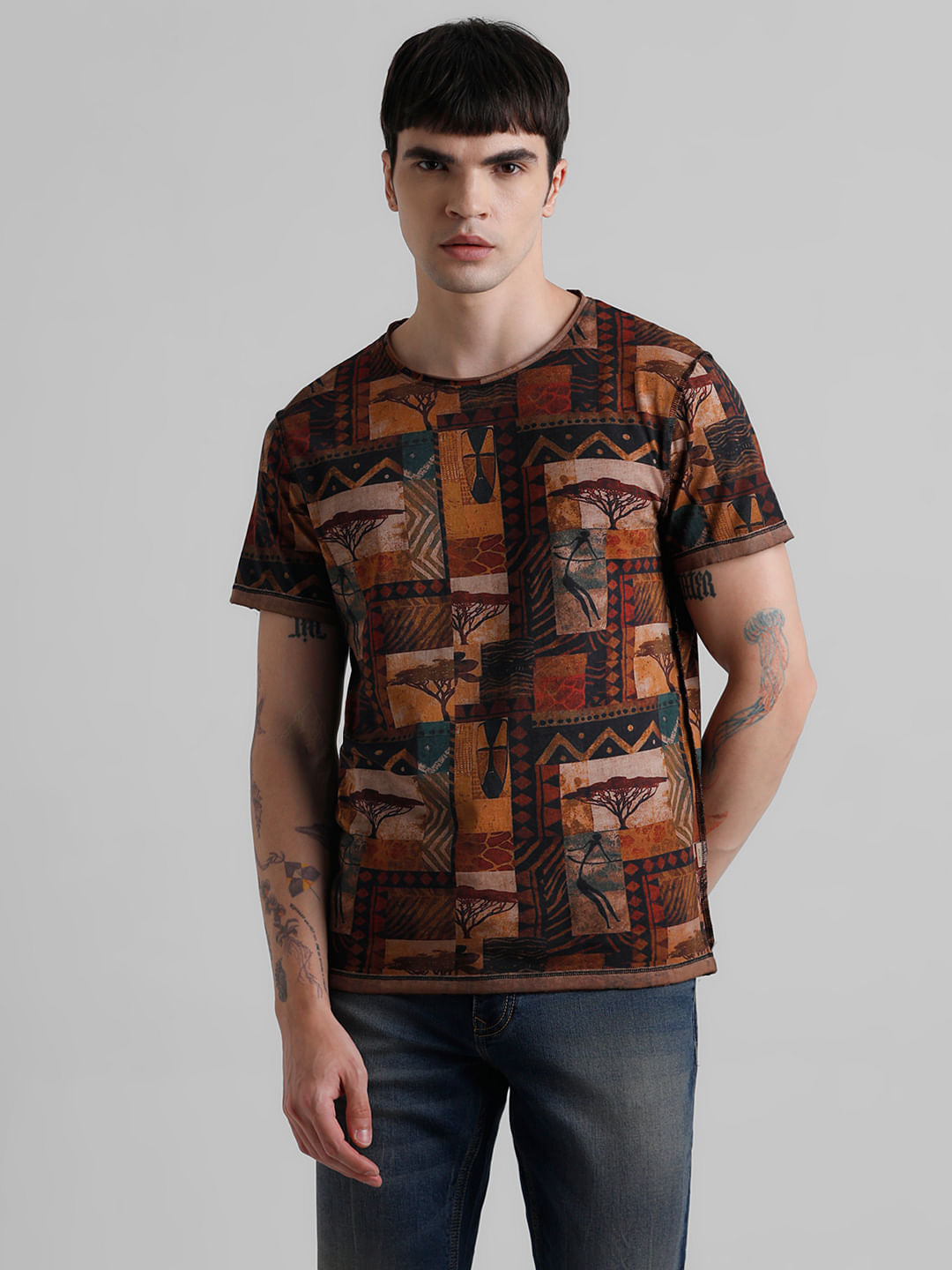 Brown Abstract Print T-shirt