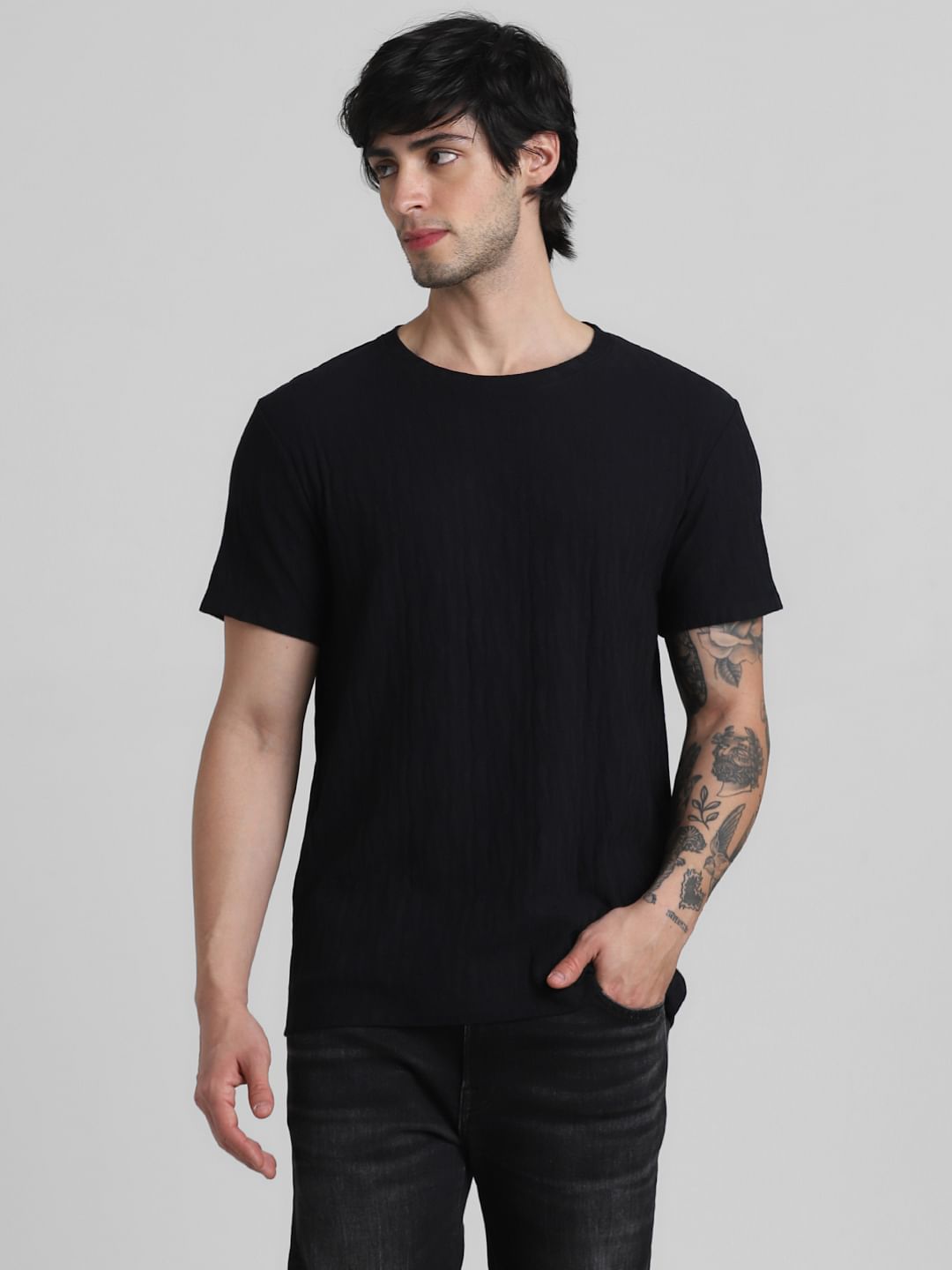 Black Jacquard Crew Neck T-shirt