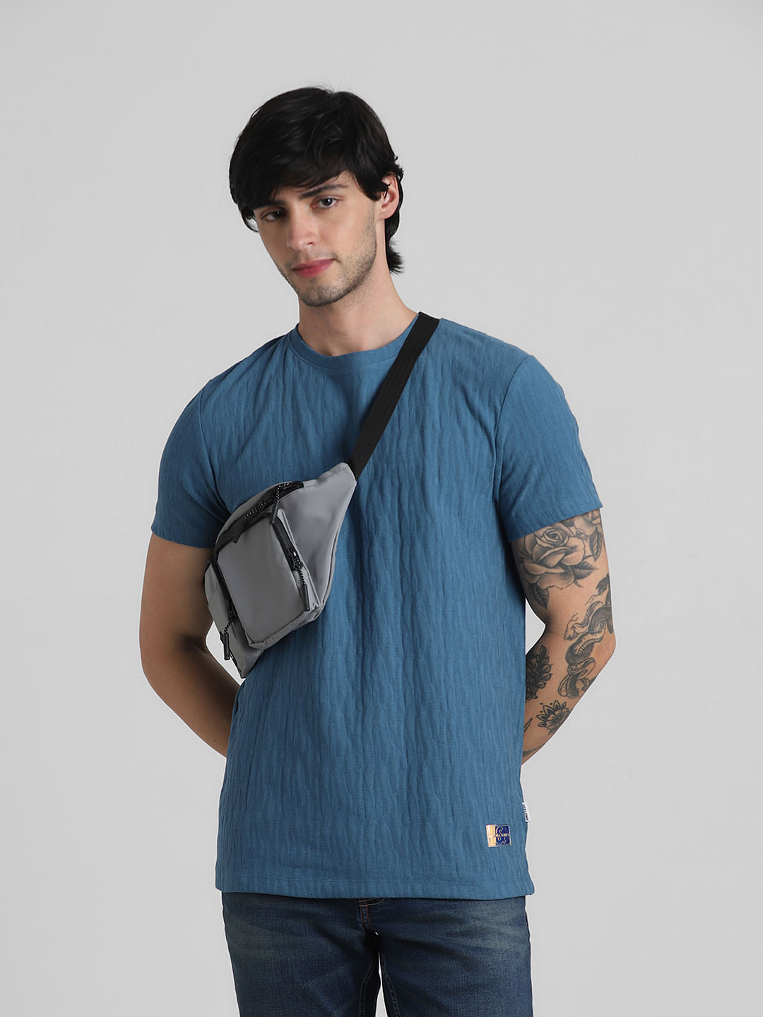 Blue Jacquard Crew Neck T-shirt