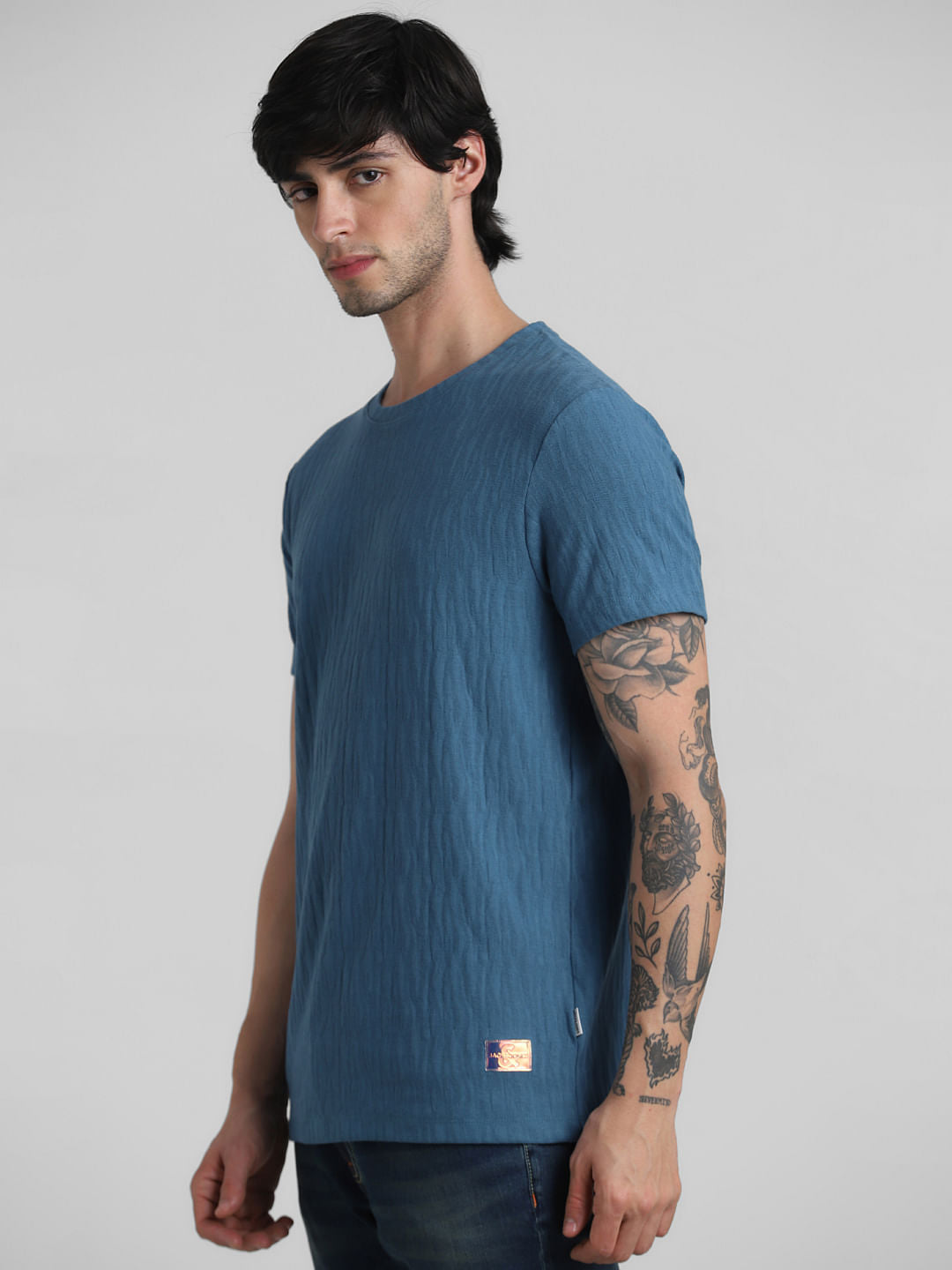 Blue Jacquard Crew Neck T-shirt