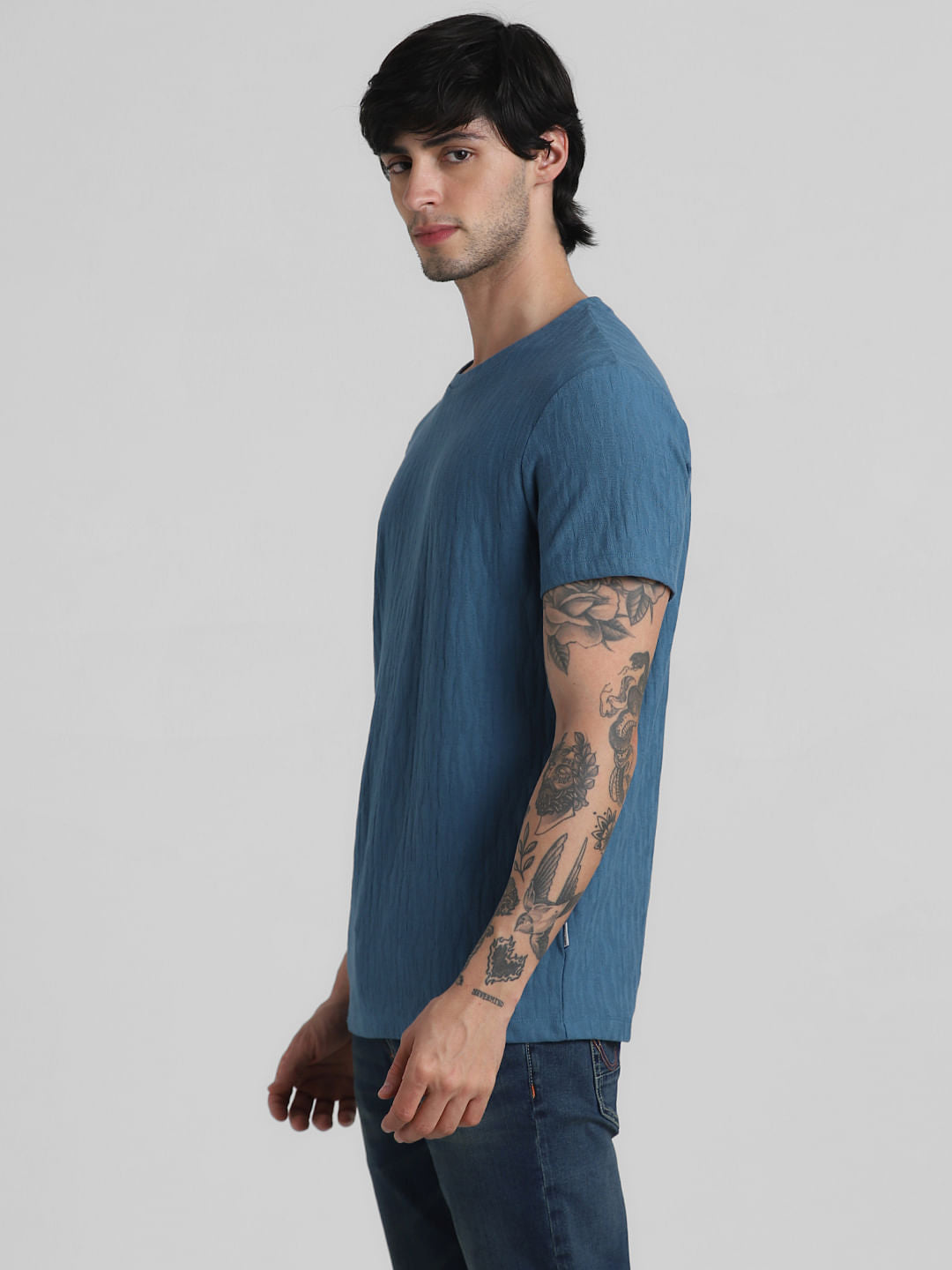 Blue Jacquard Crew Neck T-shirt