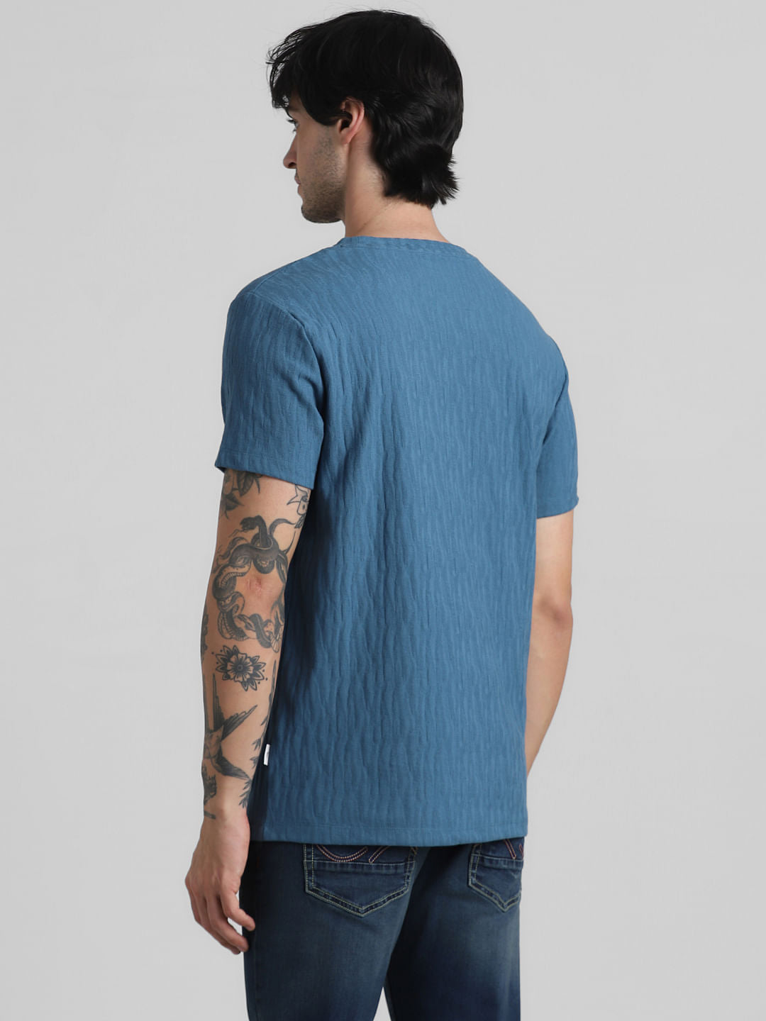 Blue Jacquard Crew Neck T-shirt