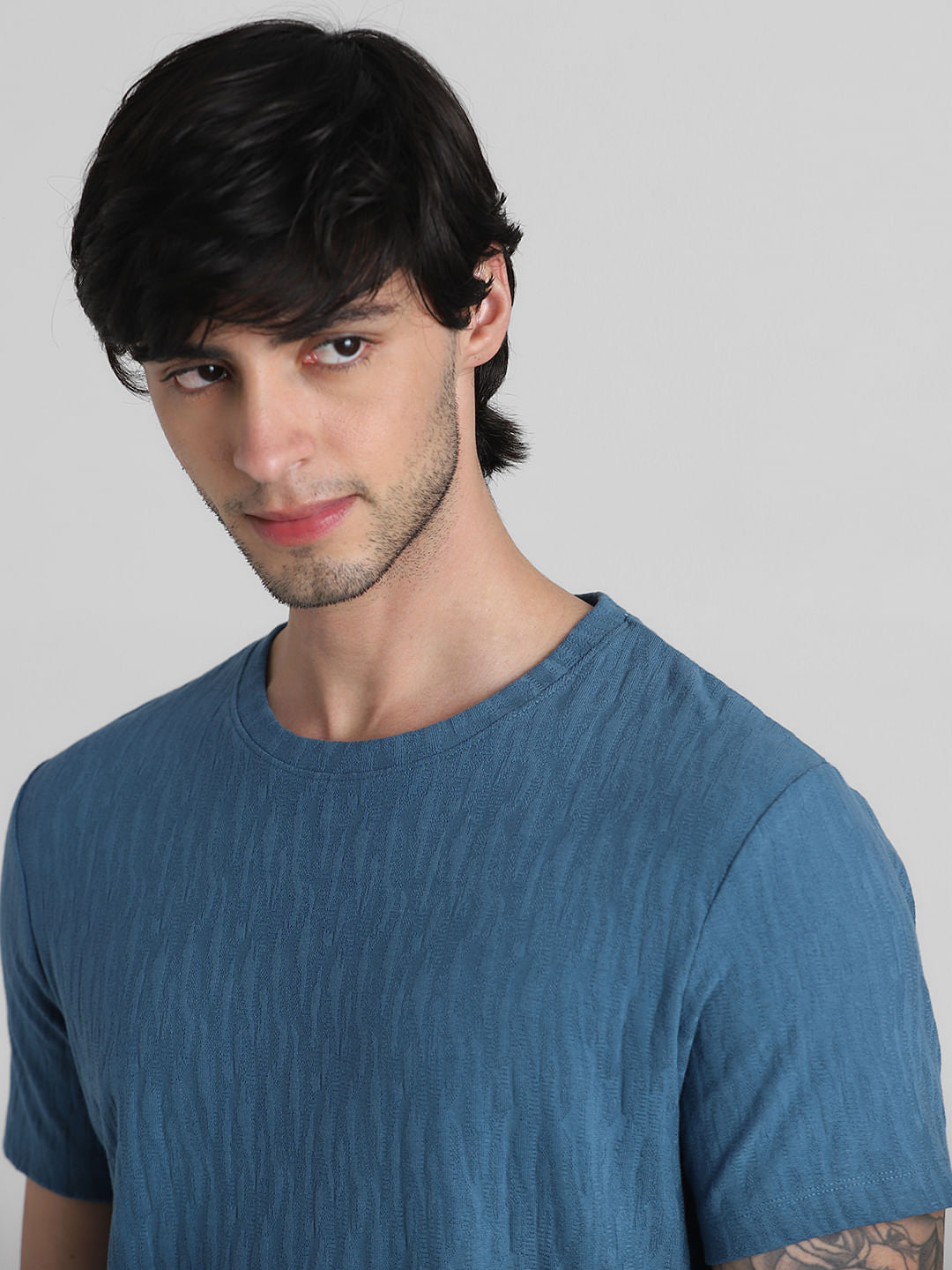Blue Jacquard Crew Neck T-shirt