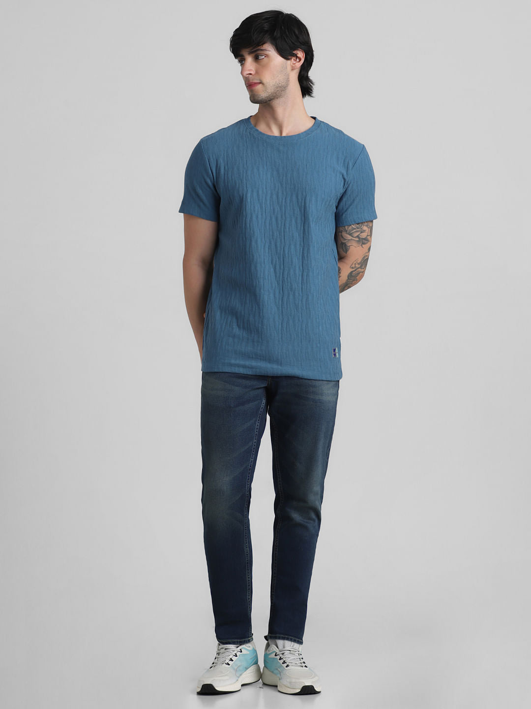 Blue Jacquard Crew Neck T-shirt