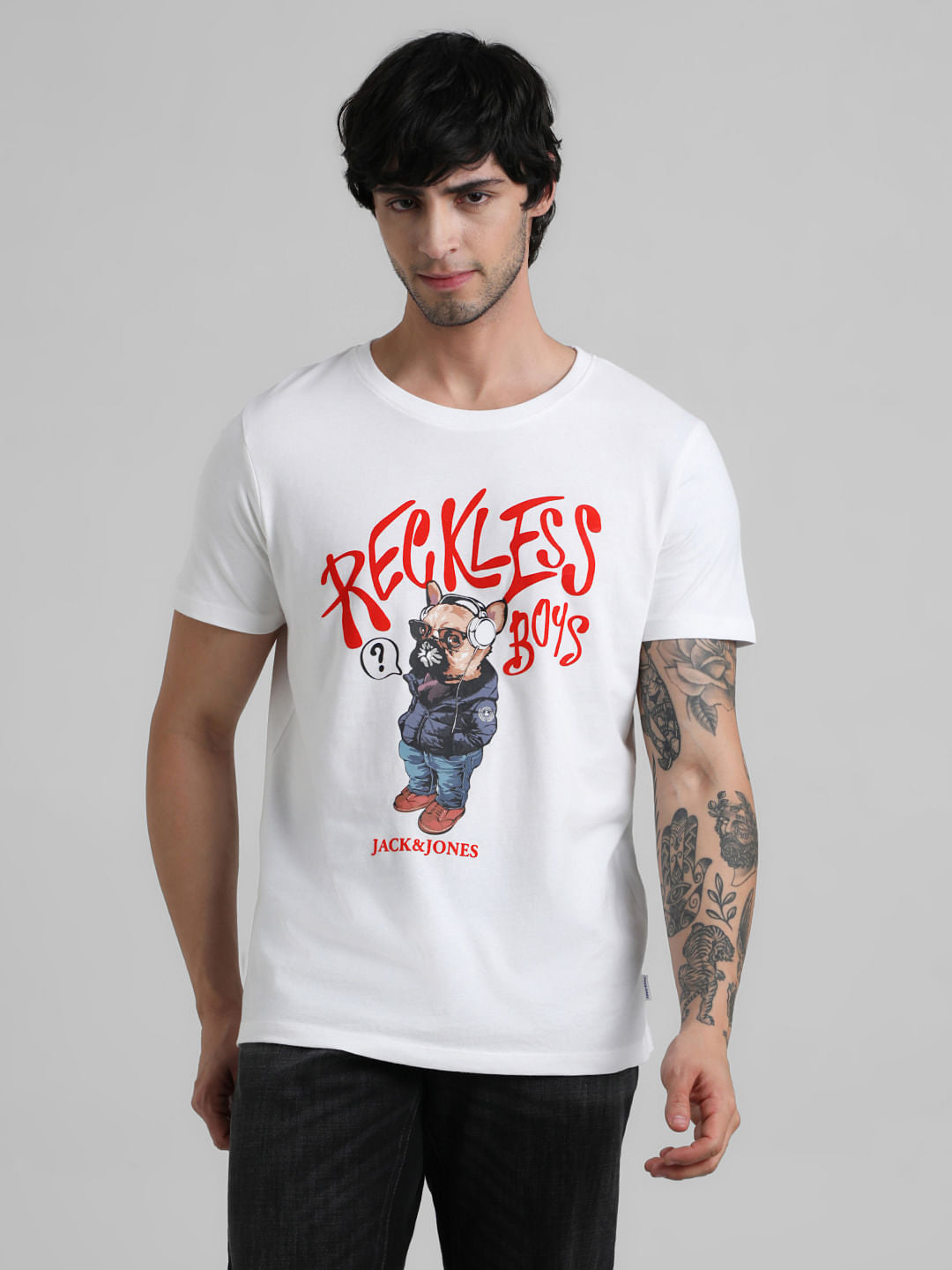 URBAN RACERS by JACK&JONES White Doggo Print Crew Neck T-shirt