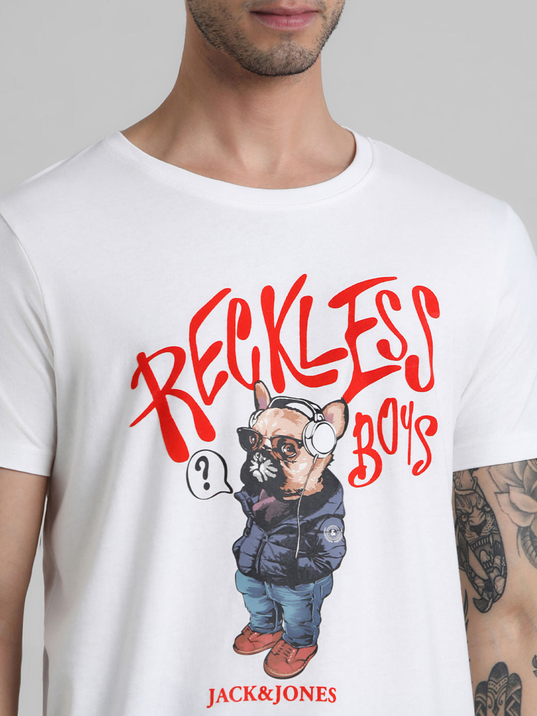 URBAN RACERS by JACK&JONES White Doggo Print Crew Neck T-shirt