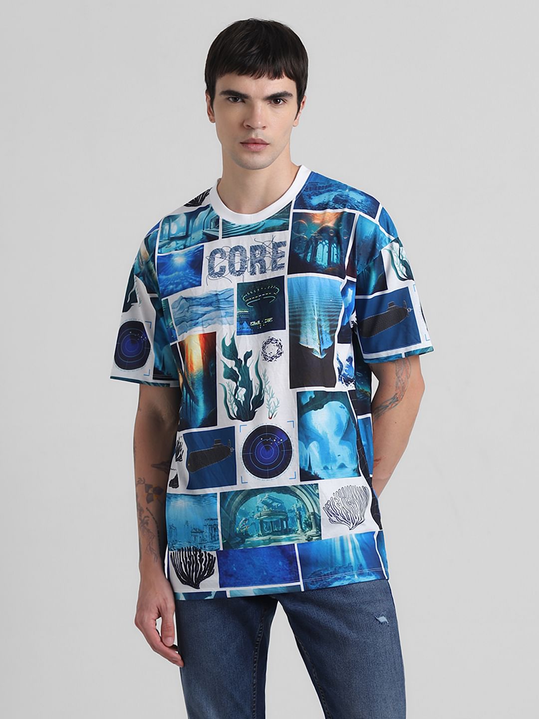 Blue Collage Print Oversized T-shirt