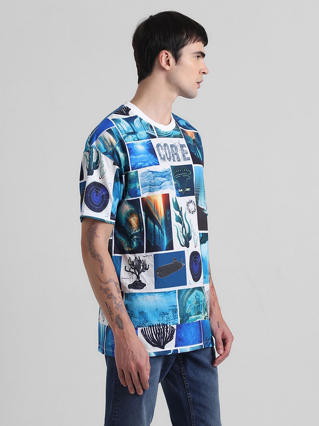 Blue Collage Print Oversized T-shirt