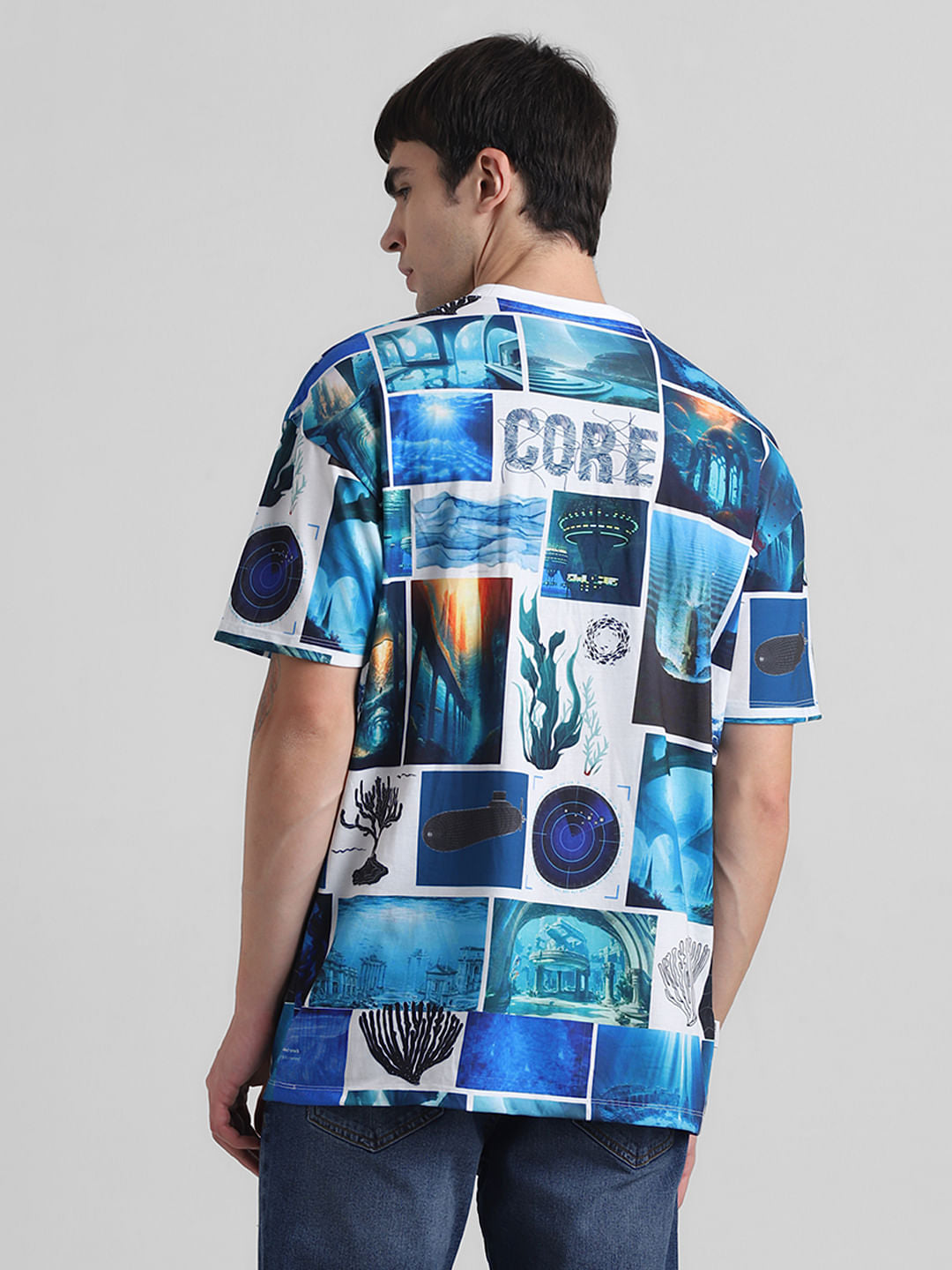 Blue Collage Print Oversized T-shirt