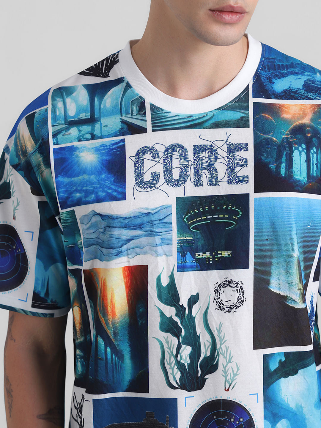 Blue Collage Print Oversized T-shirt